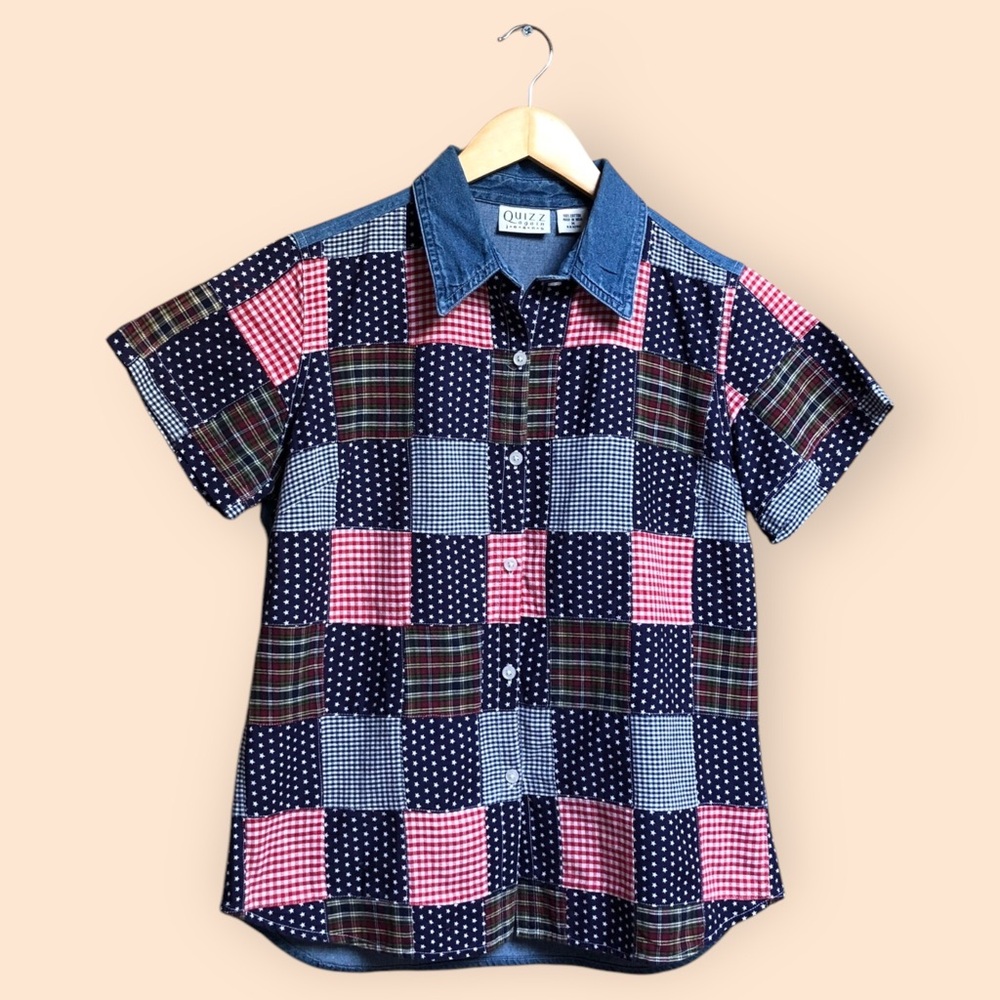 Vintage 90s Quizz Again Jeans Patriotic Plaid Stars Patchwork Denim Shirt Medium